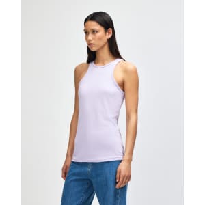 A lightweight lilac racerneck tank top with a fitted style, featuring a branding logo.