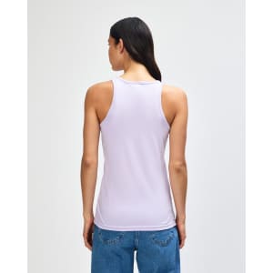 A women's racerneck tank in light purple, featuring a logo, showcased from the back view.