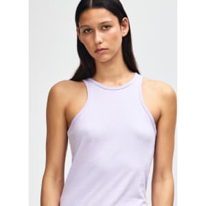 A light purple women's racerneck tank top with a fitted style and a branding logo.