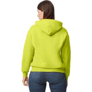 A bright yellow Gildan DryBlend adult hooded sweatshirt, featuring a hood and a relaxed fit from the back view.