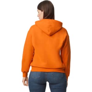 An orange Gildan DryBlend adult hooded sweatshirt with a hood, shown from the back.