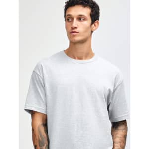 A grey heavyweight cotton unisex t-shirt displayed on a model, featuring short sleeves and a crew neckline.