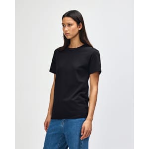 A unisex heavyweight cotton T-shirt in black, featuring a standard crew neck and short sleeves, with a logo.