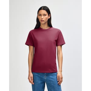 A maroon heavyweight cotton unisex T-shirt displayed on a male model, featuring a minimalistic design and a logo.
