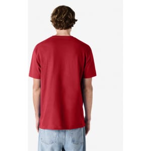 A unisex heavyweight cotton t-shirt in red, featuring a simple design with a logo on the back.