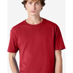 A red heavyweight cotton unisex t-shirt with a classic crew neckline, featuring a branding logo.