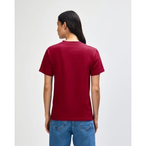 A heavyweight cotton unisex T-shirt in burgundy, featuring a simple design and a logo on the back.