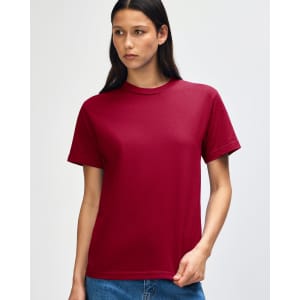 A unisex heavyweight cotton T-shirt in a rich burgundy colour, featuring short sleeves and a classic fit.