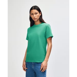 A lightweight unisex t-shirt in vibrant green, featuring a round neckline and short sleeves. It has a logo on it.