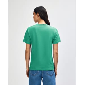 A unisex heavyweight cotton T-shirt in a vibrant green colour, featuring a logo on the back.