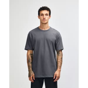 A unisex heavyweight cotton t-shirt in grey, featuring a classic crew neck design and a plain front.
