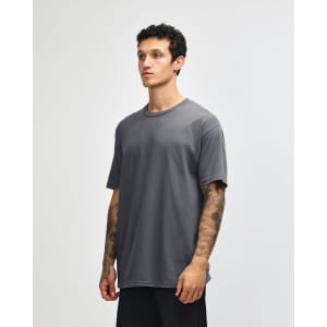 A heavyweight cotton unisex t-shirt in grey, featuring a round neckline and short sleeves, with a logo.