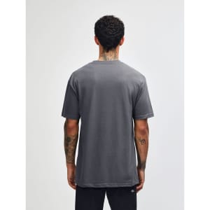 A heavyweight cotton unisex t-shirt in a grey hue, displayed from the back. The shirt has a logo.