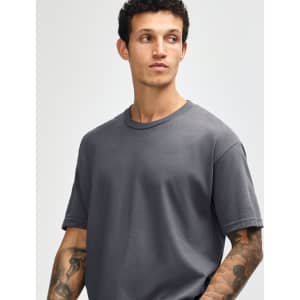 A heavyweight cotton unisex T-shirt in dark grey, featuring a round neckline and short sleeves. It has a logo.