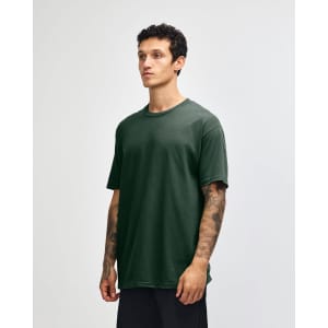A heavyweight cotton unisex T-shirt in deep green, featuring a crew neck and short sleeves. The design includes a logo.
