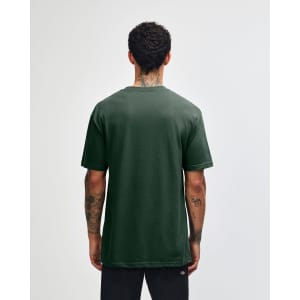 A unisex heavyweight cotton T-shirt in dark green, featuring a logo on the back.