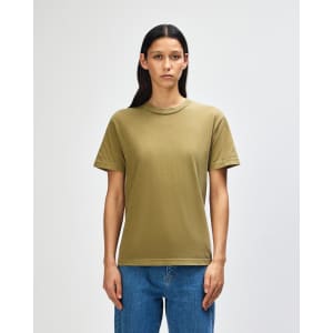 A unisex heavyweight cotton t-shirt in olive green, featuring a simple design and short sleeves.