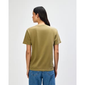A heavyweight cotton unisex T-shirt in olive green, featuring a plain back and short sleeves.