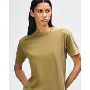 A heavyweight cotton unisex t-shirt in olive green, featuring a relaxed fit and short sleeves.