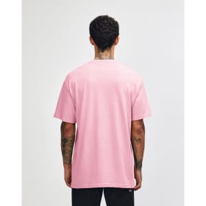 A pink heavyweight cotton unisex T-shirt displayed from the back. The shirt features a logo.