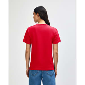 A red heavyweight cotton unisex T-shirt displayed from the back, featuring a logo.