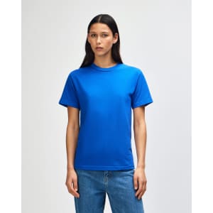 A blue heavyweight cotton unisex T-shirt displayed on a model, featuring short sleeves and a simple design.