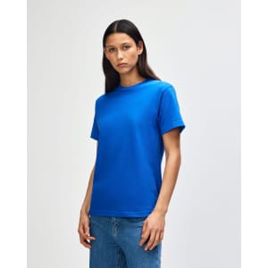 A unisex heavyweight cotton t-shirt in a vibrant blue colour, featuring a simple design and short sleeves.