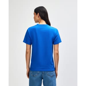 A blue heavyweight cotton unisex T-shirt shown from the back, featuring a simple design and casual fit.