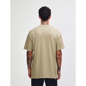 A unisex heavyweight cotton t-shirt in a muted khaki colour, featuring a logo, viewed from the back.
