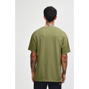 A unisex heavyweight cotton T-shirt in olive green, displaying the back view. It has a logo.