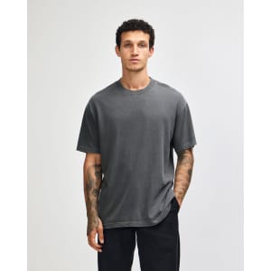 A grey heavyweight cotton T-shirt with a crew neck and short sleeves, featuring a logo.