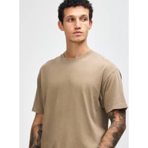 A unisex garment dyed heavyweight cotton t-shirt in a neutral brown colour, featuring a simple design and crew neck.