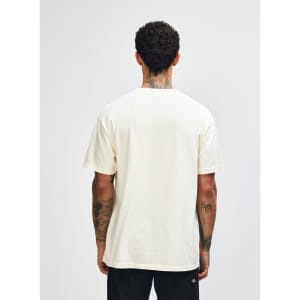 A unisex heavyweight cotton T-shirt in cream colour, viewed from the back. The shirt has a logo on it.