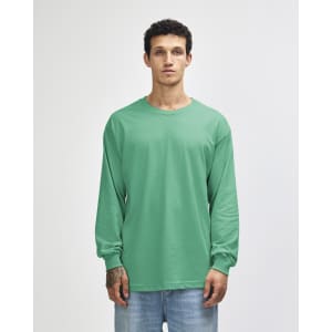 A long sleeve unisex T-shirt in a light blue colour, featuring a logo on the front.