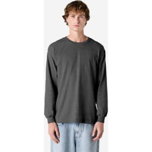 A unisex long sleeve T-shirt in dark grey, featuring a simple design and a logo.