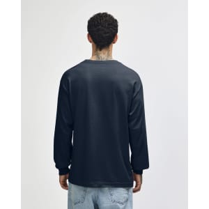 A navy unisex long sleeve t-shirt with a relaxed fit, featuring a back view of the garment.
