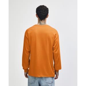 A long sleeve unisex t-shirt in bright orange, featuring a logo on the back.