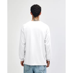 A white heavyweight cotton unisex long sleeve T-shirt displayed from the back, featuring a simple design and a logo.
