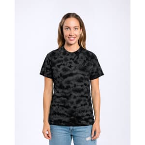 A black camouflage patterned T-shirt worn by a smiling woman, standing against a plain background.