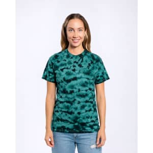 A green tie-dye T-shirt displayed on a model, featuring a casual style and short sleeves.