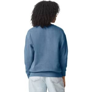 A blue crewneck sweatshirt viewed from the back, featuring a relaxed fit and long sleeves.