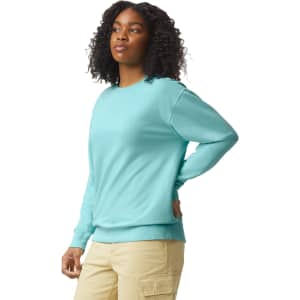 A lightweight crewneck sweatshirt in a vibrant turquoise colour, featuring a simple design and a logo.