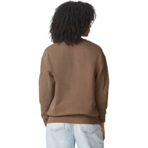 A brown lightweight crewneck sweatshirt with a relaxed fit, featuring a logo on the back.