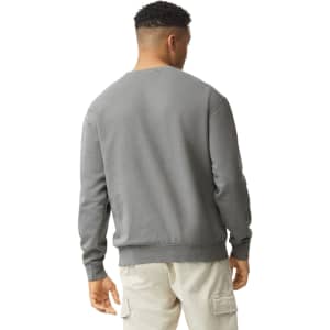 A grey lightweight crewneck sweatshirt with long sleeves, featuring a branded logo on the back.