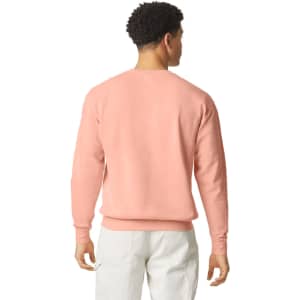 A lightweight crewneck sweatshirt in a soft peach colour, featuring a logo on the back.