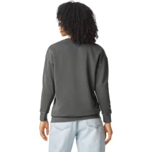 A lightweight crewneck sweatshirt in dark grey, featuring a relaxed fit and long sleeves, with a logo on the back.