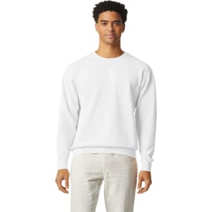 A lightweight crewneck sweatshirt in white, featuring a relaxed fit and long sleeves. It has a small logo on it.