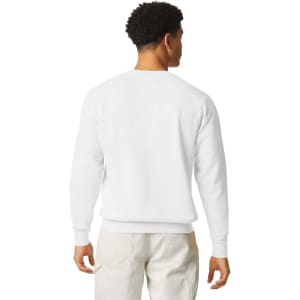 A lightweight crewneck sweatshirt in white, featuring a simple design and a back view of a model wearing it.
