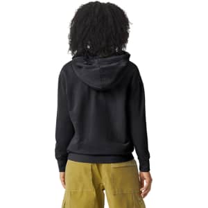 A lightweight hooded sweatshirt in black, featuring a back view and a hood. It has a logo on the garment.