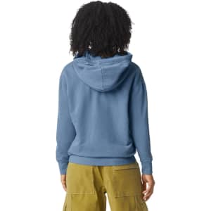 A lightweight hooded sweatshirt in blue, featuring a kangaroo pocket and a logo on the back.